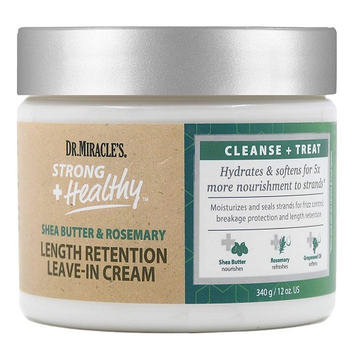Dr.Miracle's Strong & Healthy Length Retention Leave In Cream. Contains Shea Butter, Rosemary and Grapeseed oil