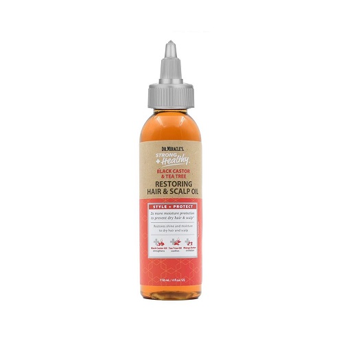 Dr. Miracle's Strong & Healthy Restoring Hair & Scalp Oil. Contains Black Castor Oil, Tea Tree Oil and Mango Butter providing 2x more moisture to prevent dry hair and scalp