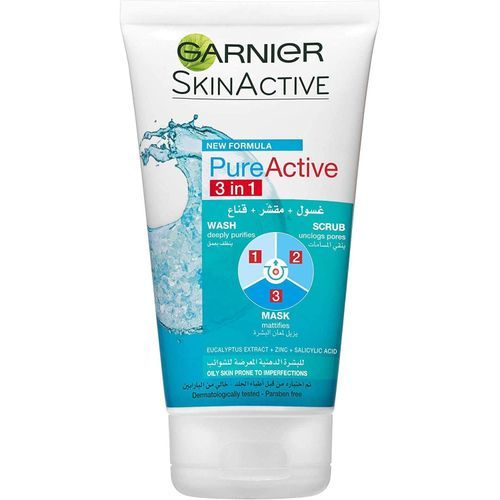 Garnier Pure Active 3 In 1 Clay Facial Wash, Mask & Scrub - 150ml
