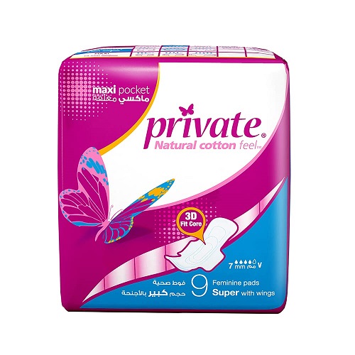 Private Natural Cotton Feel, Maxi, Folded with wings, Super Sanitary Pads, 9 pads